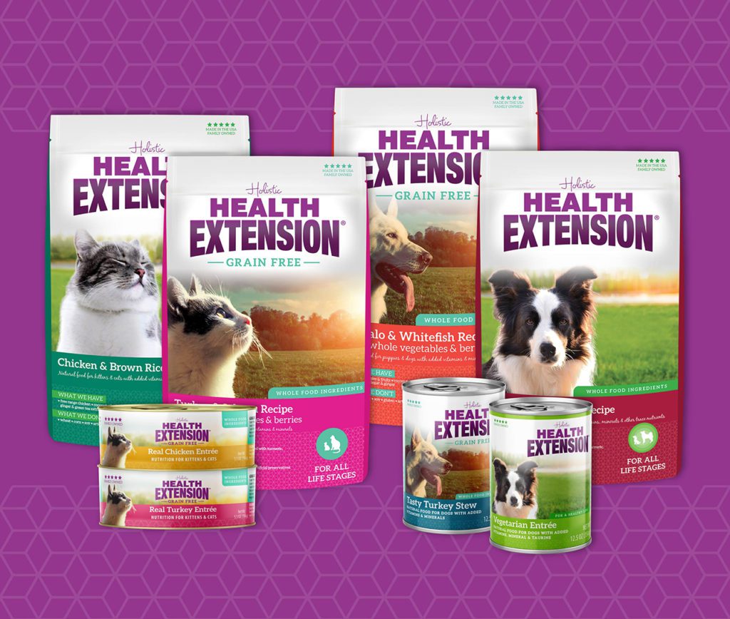 health extension rebranded dog and cat products on a purple background