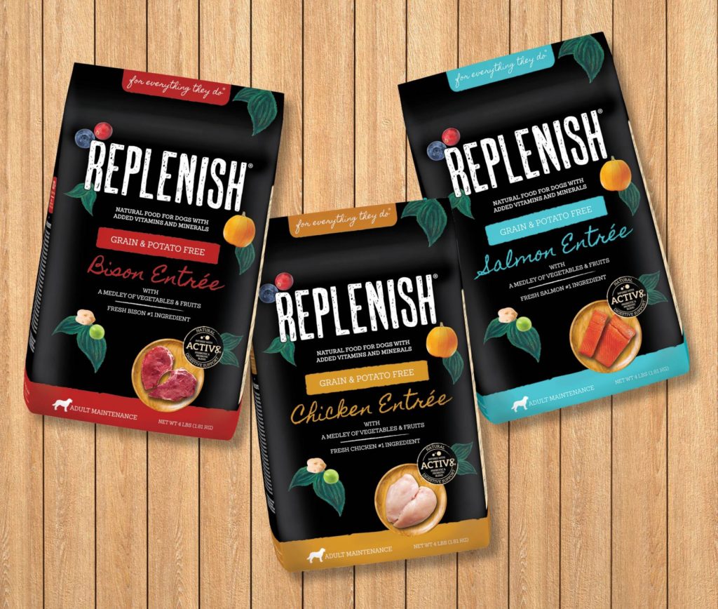Replenish Brand Redesigned Packagingee packages of wet dog food with red, yellow or aqua highlights on a black background