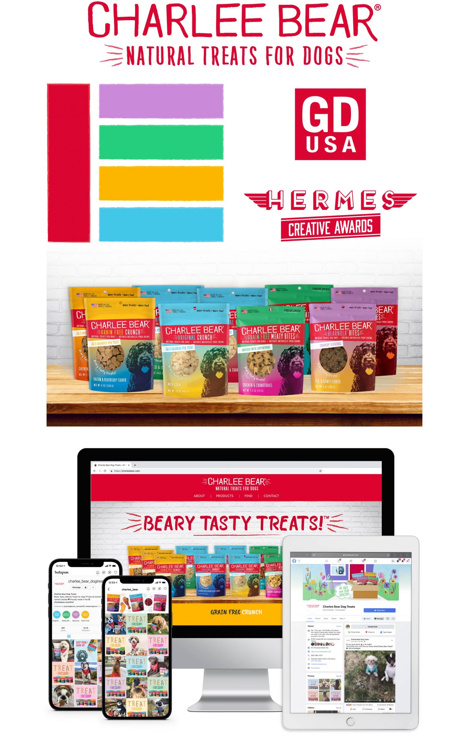 rebranded color chart, nine packages rebranded treats, computuer and mobile devices highlighting rebranded web design.