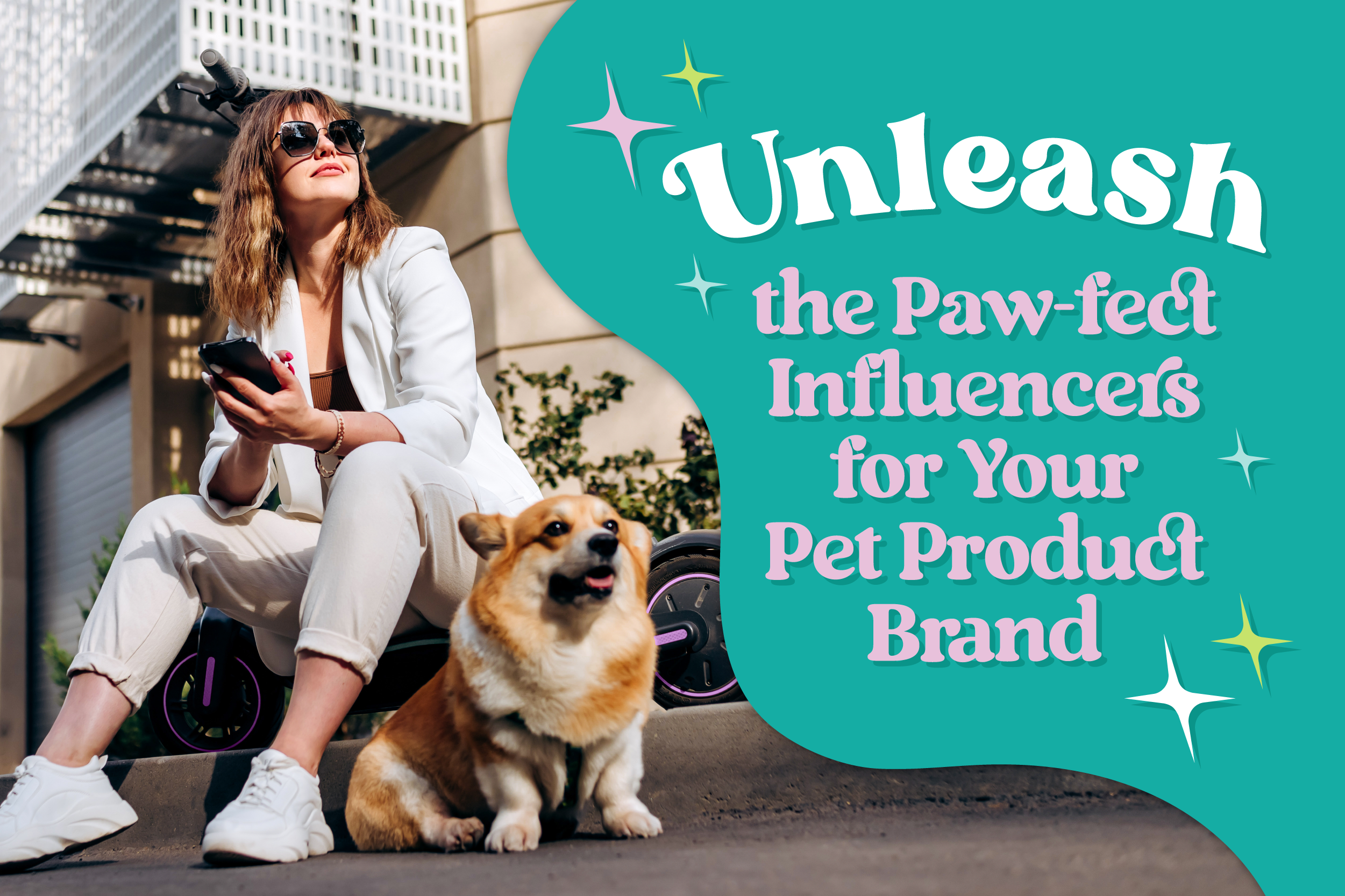 woman in white outfit next to corgi using social for influencer pet brand marketing