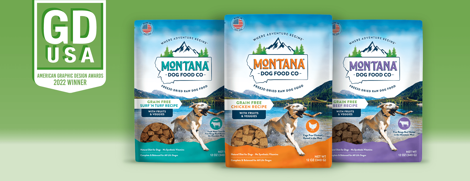 Three redesigned packages of Montana Dog Food Co. Dog Food freeze dried treats. Graphic Design USA 2022 Winner - Matrix Partners.