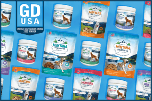 GD USA Winner 2022 logo on blue background surrounded by redesigned packages of dog food, treats & supplements.