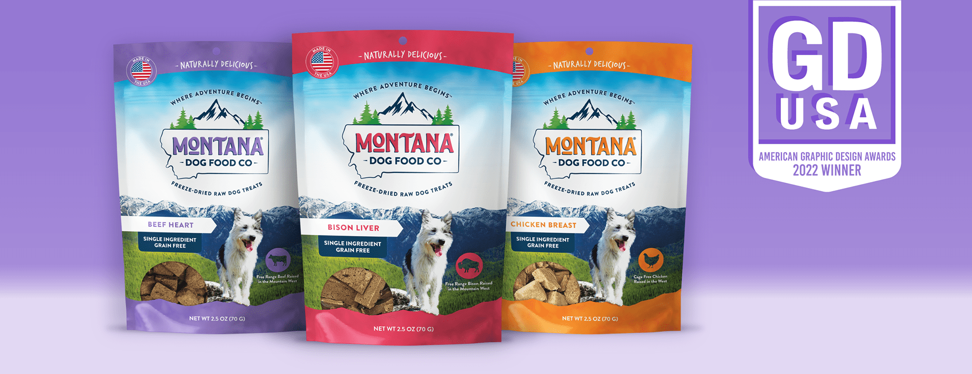 Three packages Montana Dog Food Co. Freeze Dried Treats. GD USA American Graphic Design Awards 2022 Winner